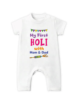 Baby Buzz - White My First Holi Baby Half Sleeves Cotton Bodysuit