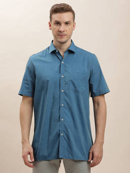 Turtle - Men Cotton Regular Fit Teal Blue Solid Formal Shirt