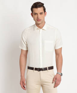 Turtle - Men Cotton Linen Regular Fit Cream Solid Formal Shirt