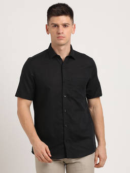 Turtle - Men Cotton Linen Regular Fit Black Solid Formal Shirt