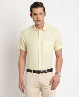 Turtle - Men Cotton Linen Regular Fit Cream Solid Formal Shirt