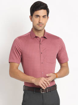 Turtle - Men Cotton Regular Fit Rose Pink Checkered Formal Shirt