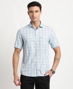 Turtle - Men Cotton Slim Fit Light Blue Checkered Casual Shirt
