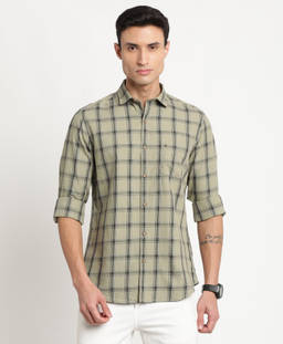 Turtle - Men Cotton Slim Fit Olive Checkered Casual Shirt