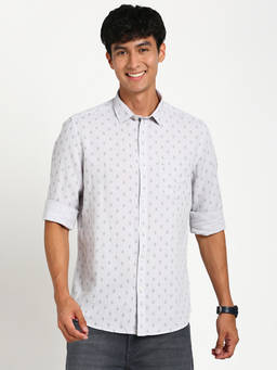 Turtle - Men Cotton Linen Slim Fit Grey Printed Casual Shirt