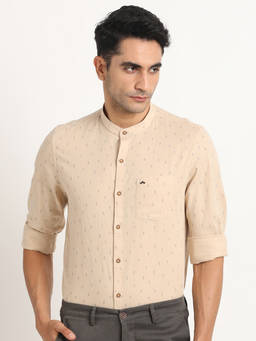 Turtle - Men Cotton Linen Slim Fit Beige Printed Casual Shirt