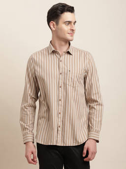 Turtle - Men Organic Cotton Slim Fit Beige Striped Casual Shirt