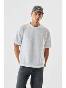Snitch - White Textured Half Sleeves Oversized Casual T-Shirt for Men