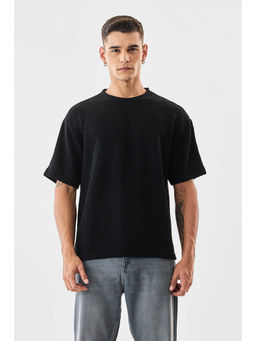 Snitch - Black Textured Half Sleeves Oversized Casual T-Shirt for Men