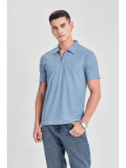 Snitch - Light Blue Textured Half Sleeves Slim Casual Polo T-Shirt for Men