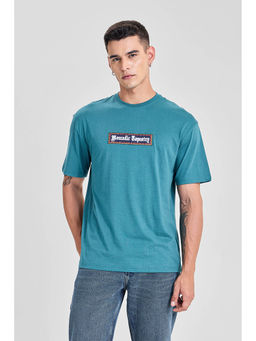 Snitch - Teal Printed Half Sleeves Oversized Casual T-Shirt for Men