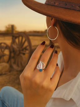 Digital Dress Room - Blue Silver-Plated Leaf Evil Eye Ring