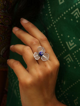 Digital Dress Room - Blue Silver-Plated Clover Flower Evil Eye Ring