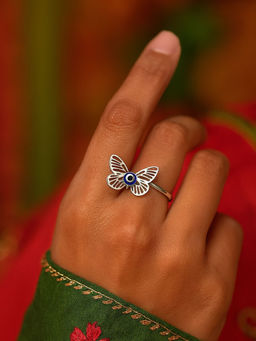 Digital Dress Room - Blue Silver-Plated Butterfly Evil Eye Ring