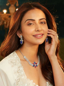 Accessher - Multi-Color Silver Red-Blue American Diamond Floral Necklace with Earrings