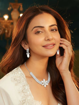 Accessher - Silver White American Diamond Floral Necklace with Earrings