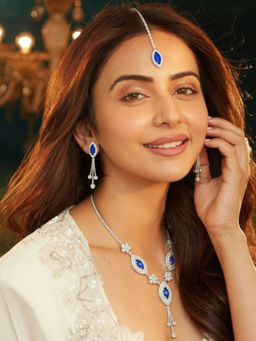 Accessher - Silver Blue American Diamond Necklace with Earrings & Maangtikka