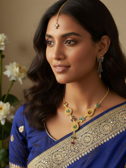 Accessher - Multi-Color Teardrop Floral Necklace with Earrings & Maangtikka