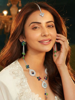 Accessher - Gold Multi-Color Floral Necklace with Earrings & Maangtikka