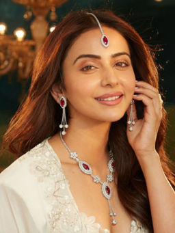 Accessher - Silver Red American Diamond Necklace with Earrings & Maangtikka