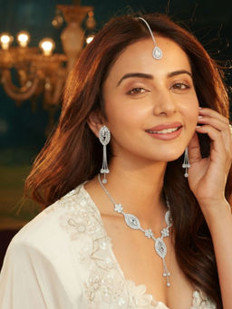 Accessher - Silver White American Diamond Necklace with Earrings & Maangtikka