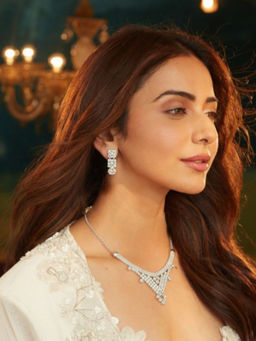 Accessher - White Stone Mesh Chain Necklace with Earrings