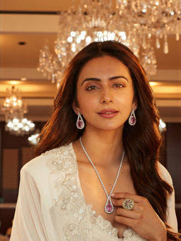 Accessher - Silver Pink American Diamond Necklace with Earrings