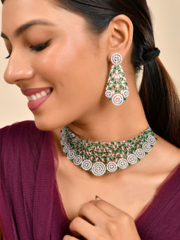 Silvermerc Designs - Silver-Plated Green American Diamond Stone Necklace with Earrings