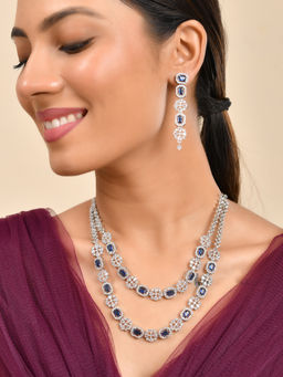Silvermerc Designs - Blue Silver-Plated American Diamond Stone Necklace with Earrings