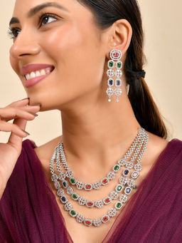 Silvermerc Designs - Multi-Color Silver-Plated American Diamond Stone Necklace with Earrings