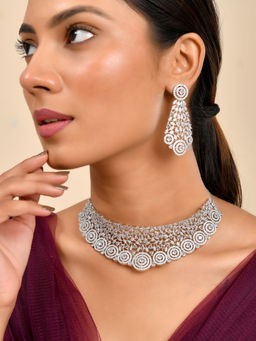 Silvermerc Designs - White Silver-Plated American Diamond Stone Necklace with Earrings