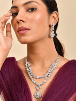 Silvermerc Designs - White Silver-Plated American Diamond Stone Necklace with Earrings