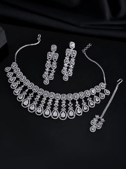 Silvermerc Designs - White Silver-Plated American Diamond Stone Bridal Necklace with Earrings