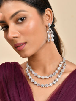 Silvermerc Designs - White Silver-Plated American Diamond Necklace with Earrings