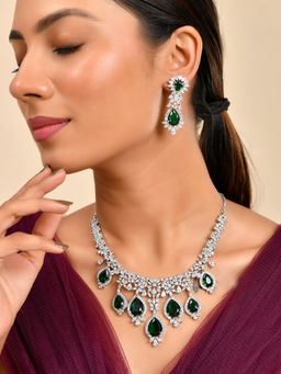Silvermerc Designs - Green Silver-Plated Bridal Necklace with Earrings