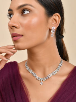 Silvermerc Designs - White Silver-Plated American Diamond Necklace with Earrings
