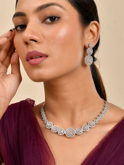 Silvermerc Designs - White Silver-Plated American Diamond Necklace with Earrings