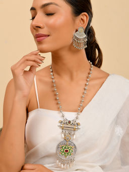 Silvermerc Designs - Multi-Color Ethnic Silver-Plated Stone Necklace with Earrings