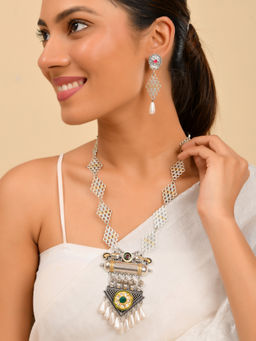 Silvermerc Designs - Multi-Color Traditional Silver-Plated Stone Necklace with Earrings