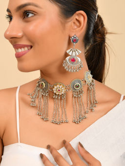 Silvermerc Designs - Multi-Color Ethnic Silver-Plated Stone Necklace with Earrings