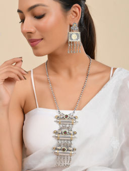 Silvermerc Designs - Multi-Color Silver-Plated Stone Long Necklace with Earrings