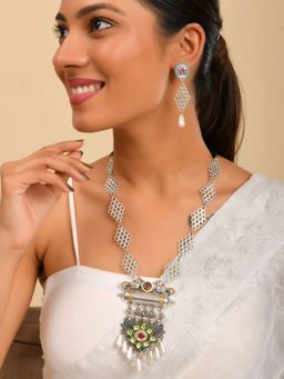 Silvermerc Designs - Multi-Color Ethnic Long Silver-Plated Stone Necklace with Earrings