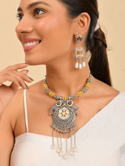 Silvermerc Designs - Multi-Color Silver-Plated Stone Necklace with Earrings