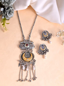 Silvermerc Designs - Multi-Color Silver-Plated Stone Long Necklace with Earrings