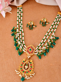 Silvermerc Designs - Multi-Color Ethnic Gold-Plated Beaded Necklace with Earrings