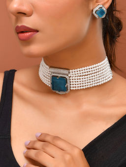 Silvermerc Designs - Blue Silver-Plated American Diamond Stone Necklace with Earrings