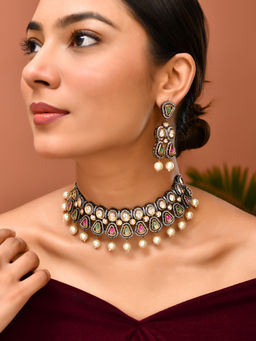 Silvermerc Designs - Multi-Color Gold-Plated Necklace with Earrings