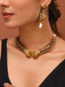 Silvermerc Designs - Multi-Color Gold-Plated American Diamond Necklace with Earrings