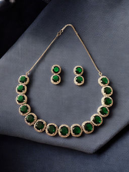Rebekah - Rhodium Plated Green Large Stone Necklace with Earrings