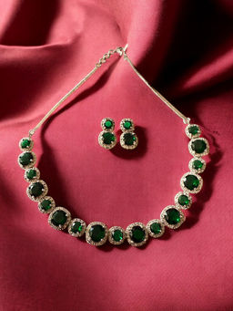 Rebekah - Rhodium Plated Green Large Small Stone Necklace with Earrings